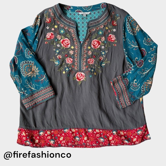 John Mark Tops - John Mark Floral Embroidered Gray and Teal Tunic